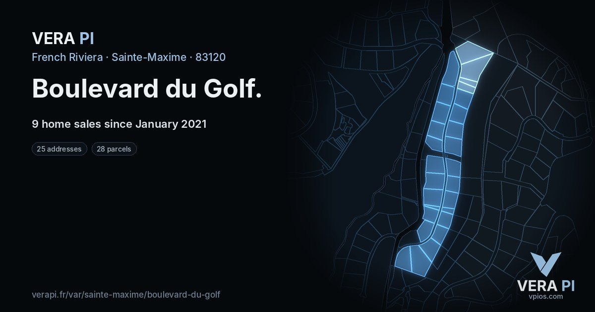 Boulevard du Golf, Sainte-Maxime at night – every parcel coloured by the prices around it, the street's own parcels lit