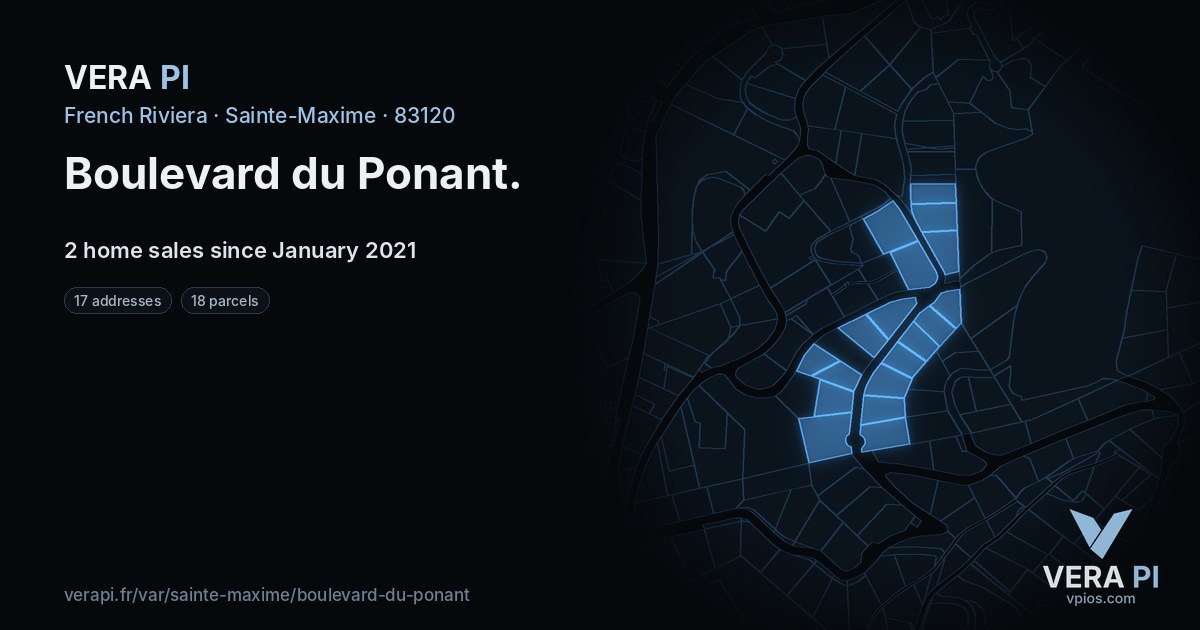 Boulevard du Ponant, Sainte-Maxime at night – every parcel coloured by the prices around it, the street's own parcels lit