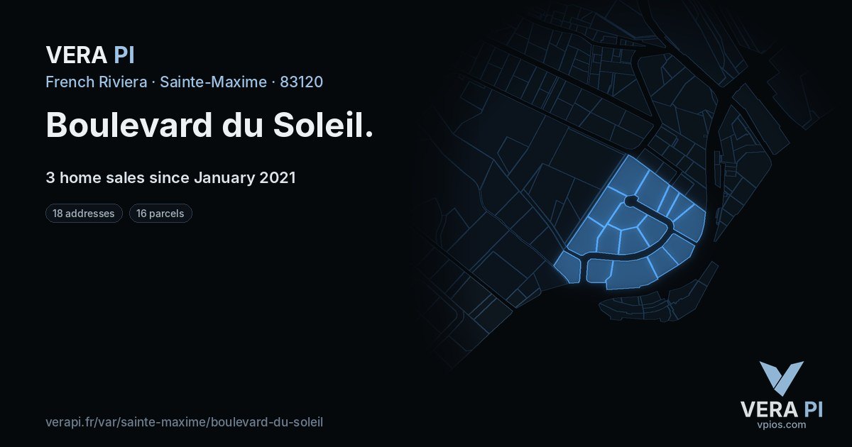Boulevard du Soleil, Sainte-Maxime at night – every parcel coloured by the prices around it, the street's own parcels lit