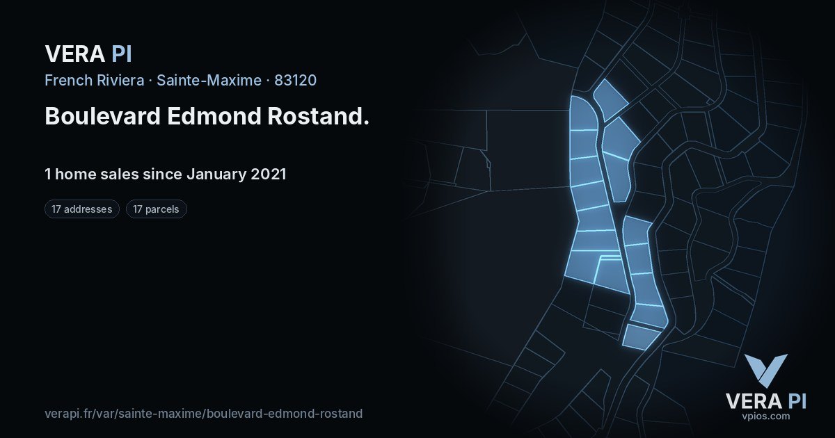 Boulevard Edmond Rostand, Sainte-Maxime at night – every parcel coloured by the prices around it, the street's own parcels lit