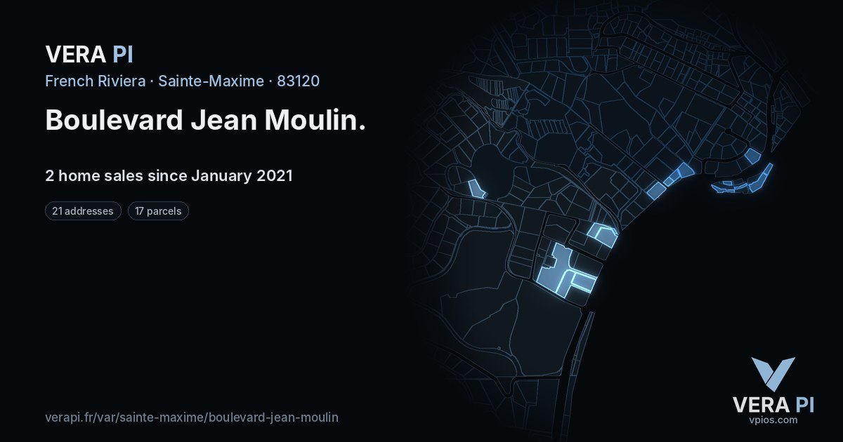 Boulevard Jean Moulin, Sainte-Maxime at night – every parcel coloured by the prices around it, the street's own parcels lit