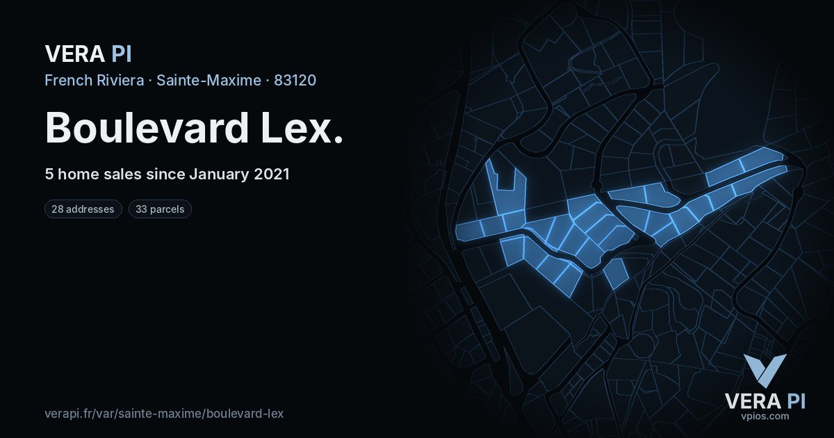 Boulevard Lex, Sainte-Maxime at night – every parcel coloured by the prices around it, the street's own parcels lit