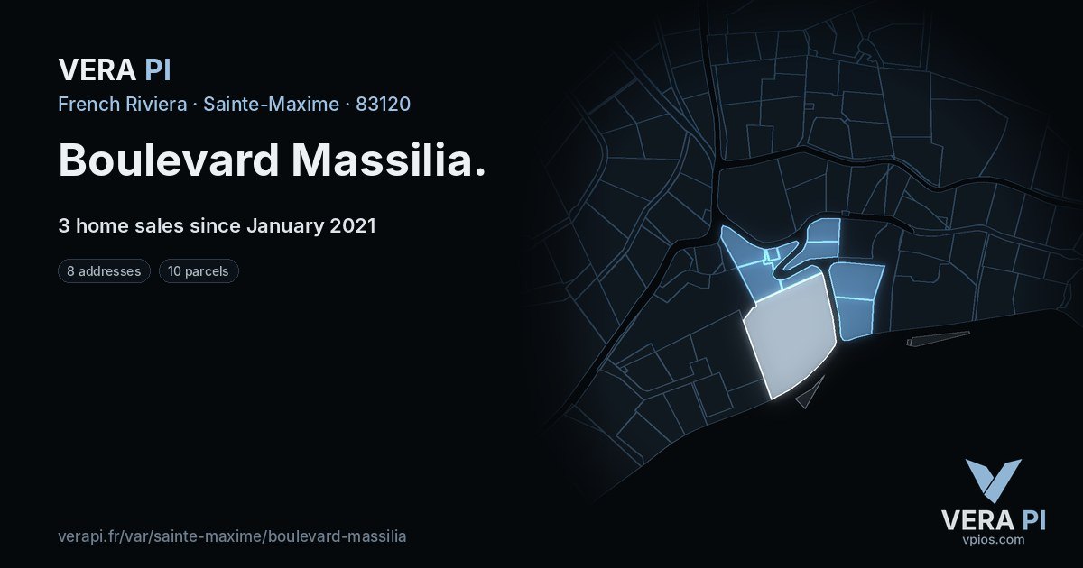 Boulevard Massilia, Sainte-Maxime at night – every parcel coloured by the prices around it, the street's own parcels lit