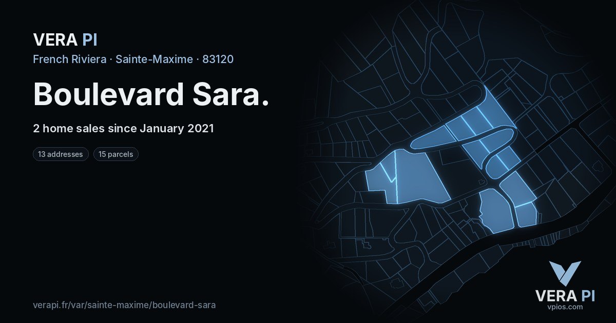 Boulevard Sara, Sainte-Maxime at night – every parcel coloured by the prices around it, the street's own parcels lit
