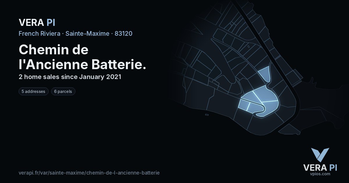 Chemin de l'Ancienne Batterie, Sainte-Maxime at night – every parcel coloured by the prices around it, the street's own parcels lit