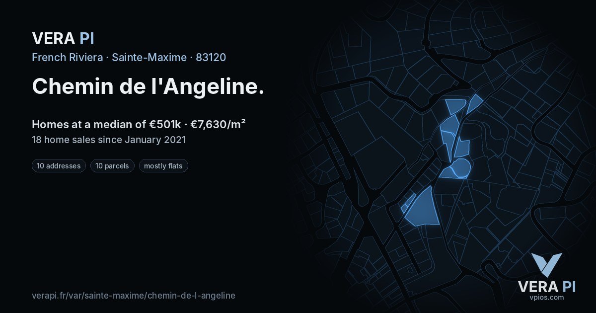 Chemin de l'Angeline, Sainte-Maxime at night – every parcel coloured by the prices around it, the street's own parcels lit