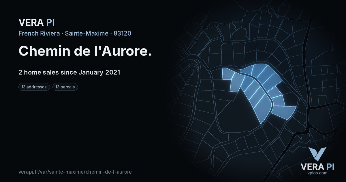 Chemin de l'Aurore, Sainte-Maxime at night – every parcel coloured by the prices around it, the street's own parcels lit