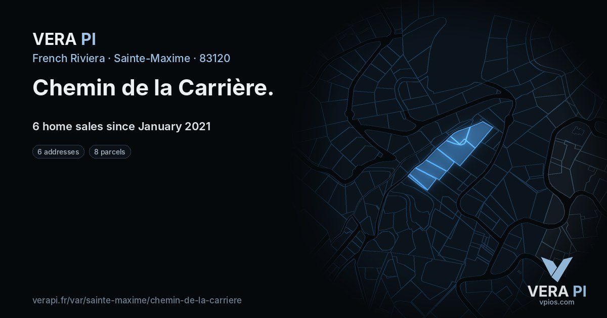 Chemin de la Carrière, Sainte-Maxime at night – every parcel coloured by the prices around it, the street's own parcels lit