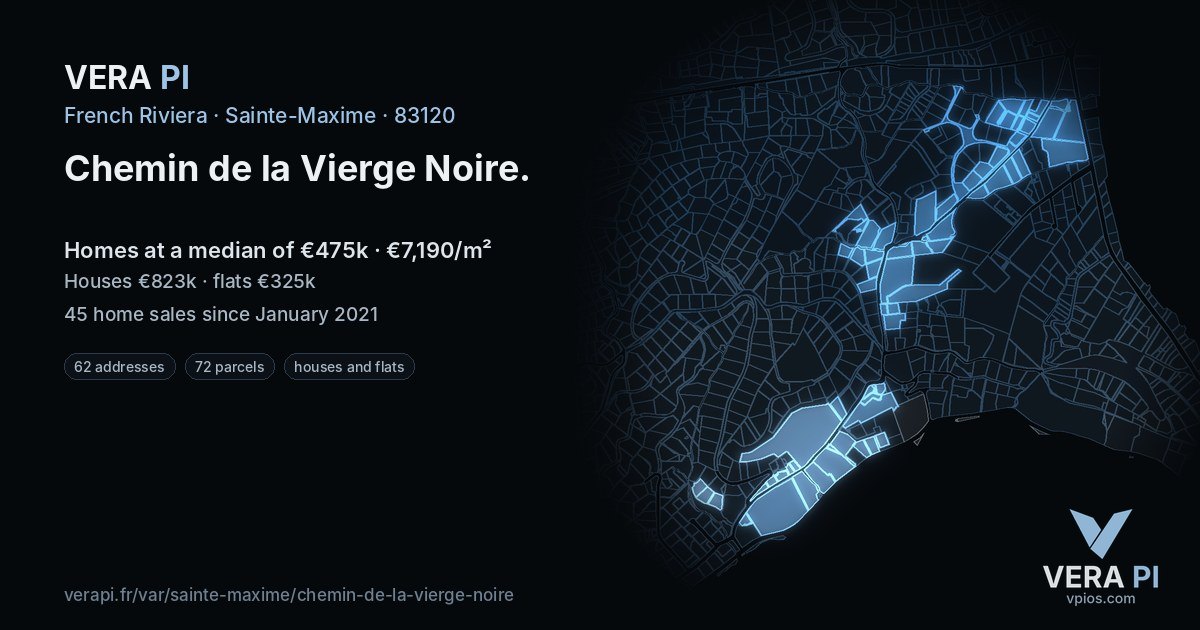 Chemin de la Vierge Noire, Sainte-Maxime at night – every parcel coloured by the prices around it, the street's own parcels lit