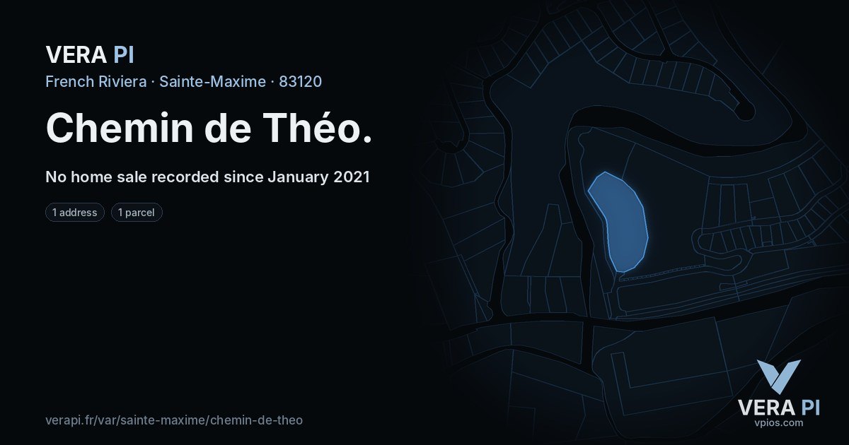 Chemin de Théo, Sainte-Maxime at night – every parcel coloured by the prices around it, the street's own parcels lit