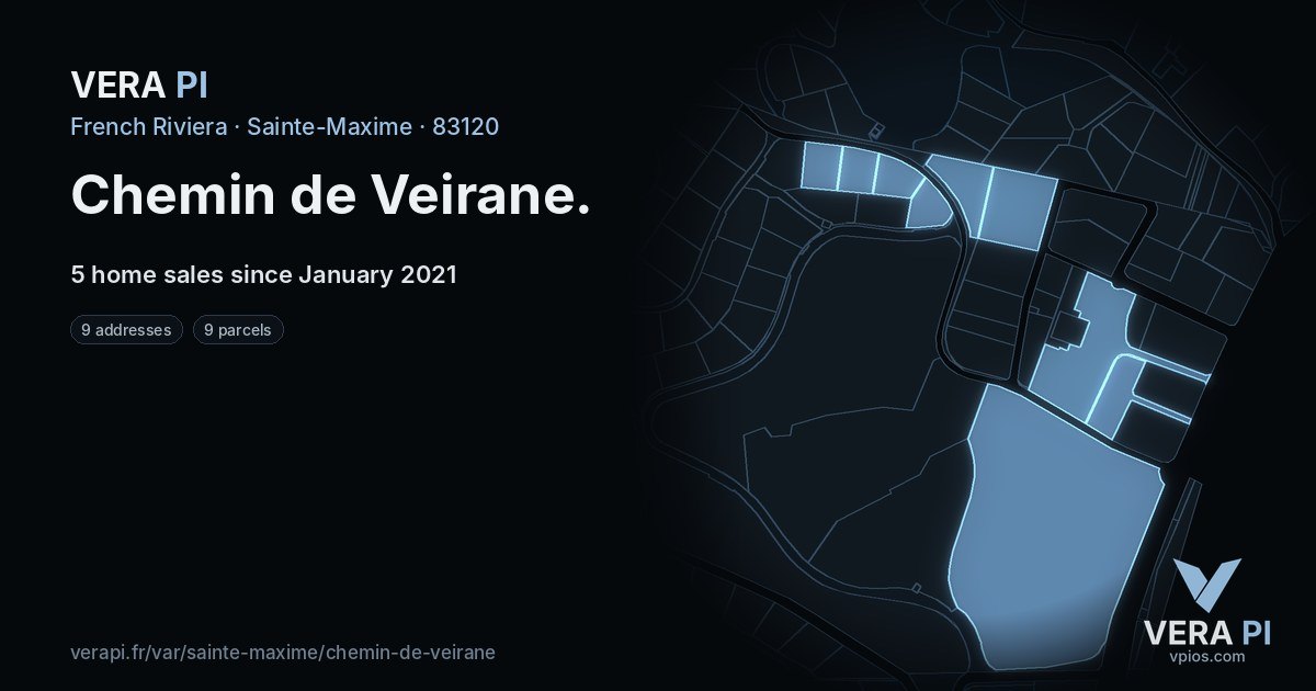 Chemin de Veirane, Sainte-Maxime at night – every parcel coloured by the prices around it, the street's own parcels lit