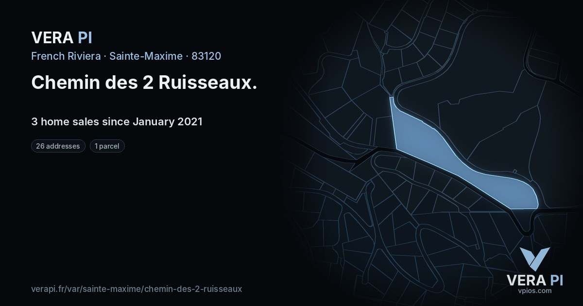 Chemin des 2 Ruisseaux, Sainte-Maxime at night – every parcel coloured by the prices around it, the street's own parcels lit