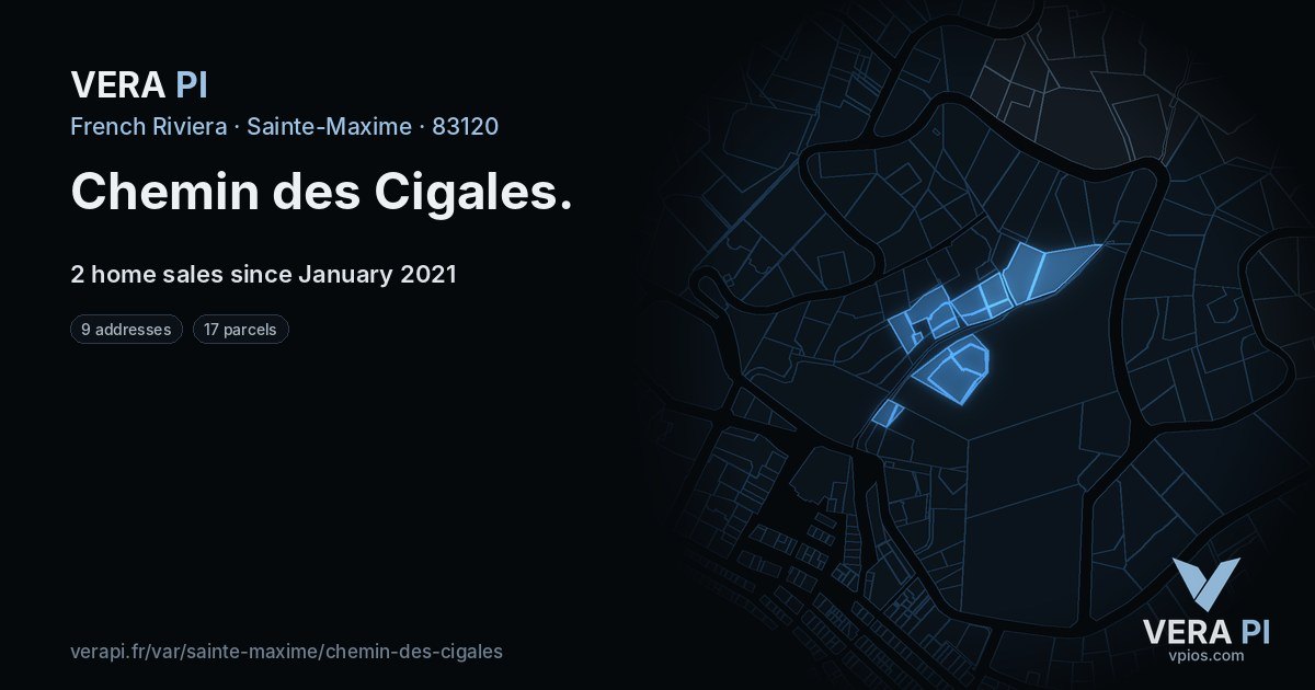 Chemin des Cigales, Sainte-Maxime at night – every parcel coloured by the prices around it, the street's own parcels lit