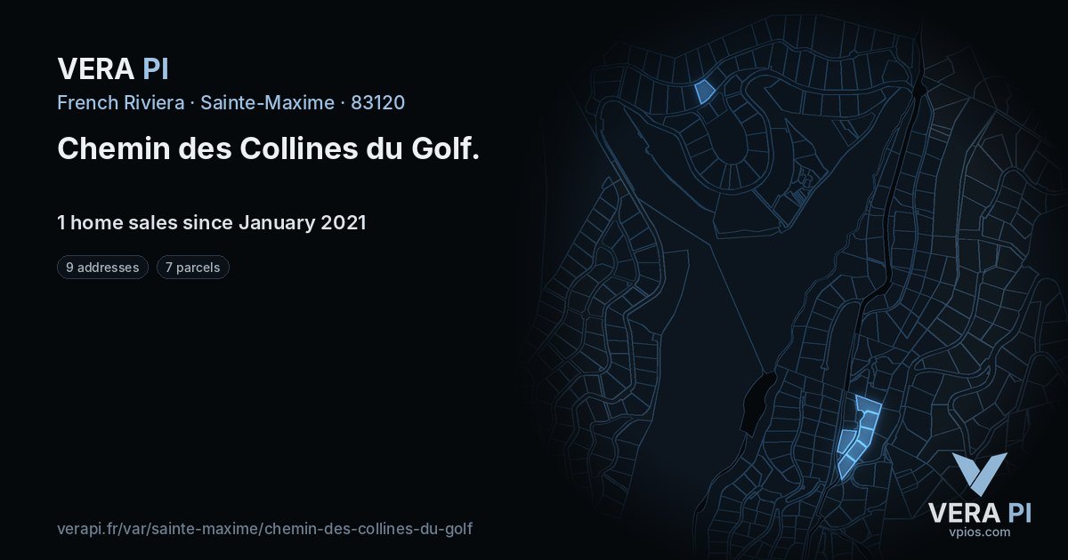 Chemin des Collines du Golf, Sainte-Maxime at night – every parcel coloured by the prices around it, the street's own parcels lit