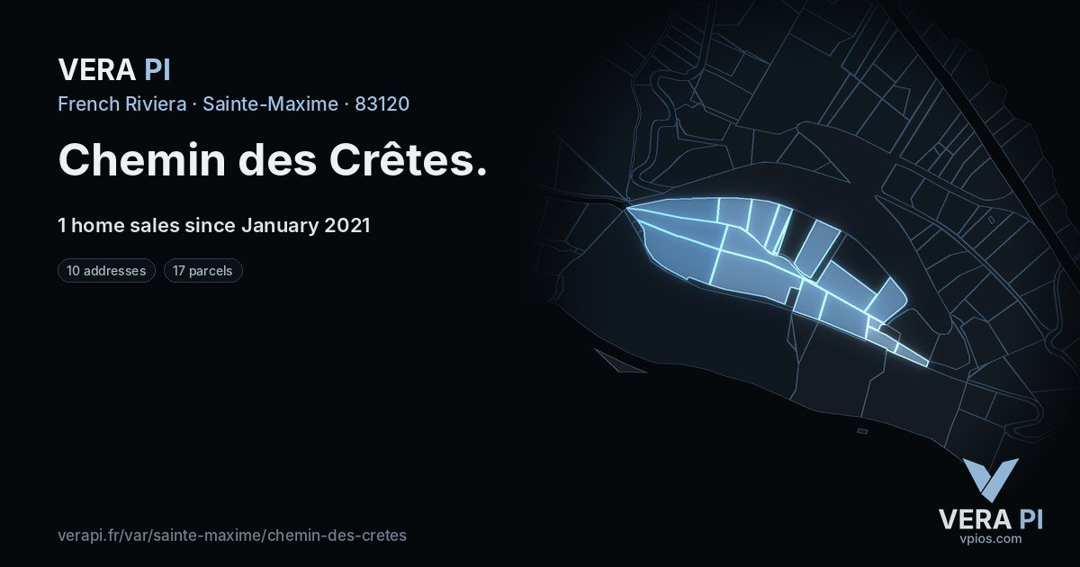 Chemin des Crêtes, Sainte-Maxime at night – every parcel coloured by the prices around it, the street's own parcels lit