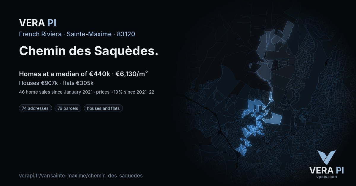 Chemin des Saquèdes, Sainte-Maxime at night – every parcel coloured by the prices around it, the street's own parcels lit