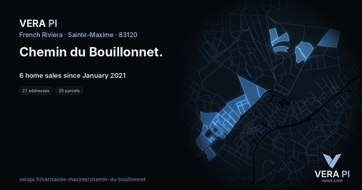 Chemin du Bouillonnet, Sainte-Maxime at night – every parcel coloured by the prices around it, the street's own parcels lit