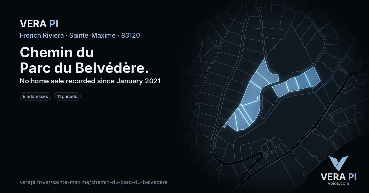 Chemin du Parc du Belvédère, Sainte-Maxime at night – every parcel coloured by the prices around it, the street's own parcels lit