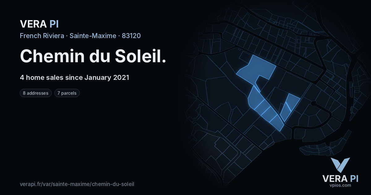 Chemin du Soleil, Sainte-Maxime at night – every parcel coloured by the prices around it, the street's own parcels lit