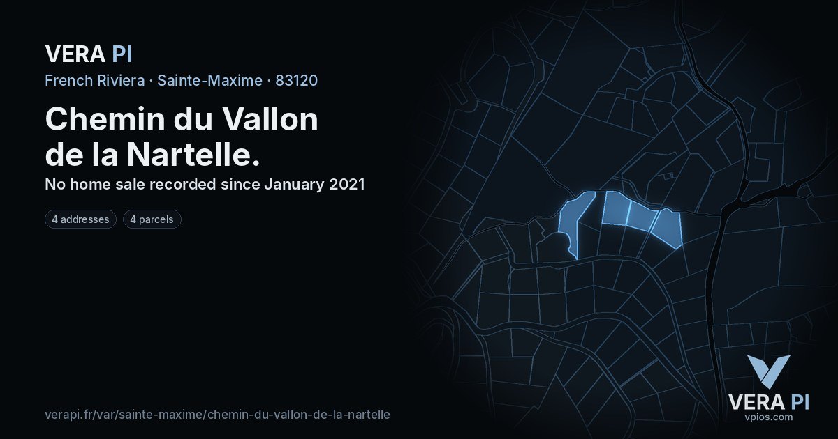 Chemin du Vallon de la Nartelle, Sainte-Maxime at night – every parcel coloured by the prices around it, the street's own parcels lit