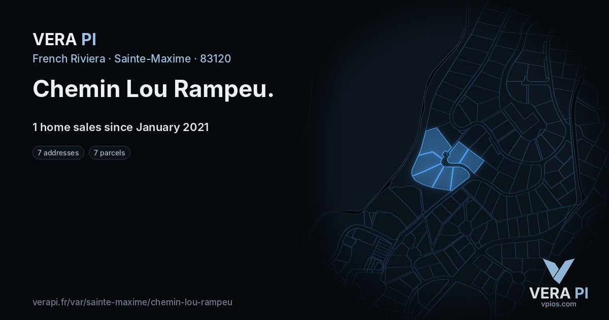 Chemin Lou Rampeu, Sainte-Maxime at night – every parcel coloured by the prices around it, the street's own parcels lit