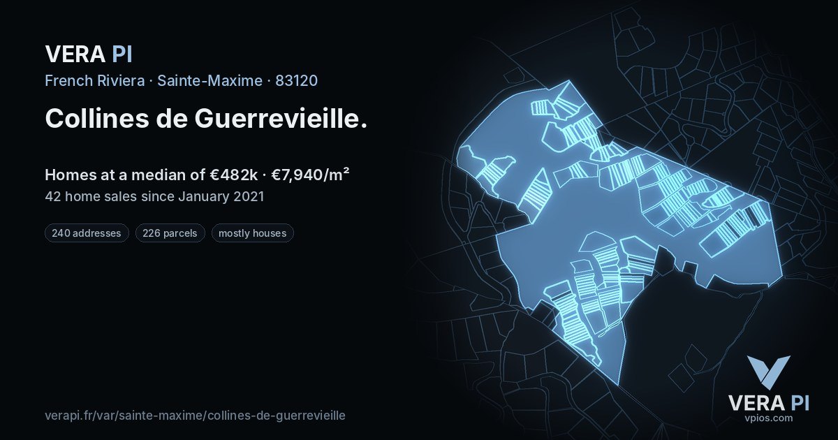Collines de Guerrevieille, Sainte-Maxime at night – every parcel coloured by the prices around it, the street's own parcels lit