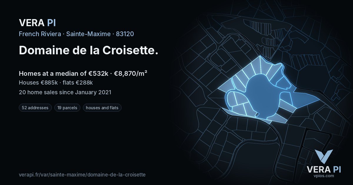 Domaine de la Croisette, Sainte-Maxime at night – every parcel coloured by the prices around it, the street's own parcels lit