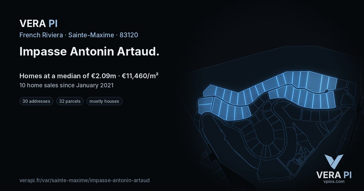 Impasse Antonin Artaud, Sainte-Maxime at night – every parcel coloured by the prices around it, the street's own parcels lit