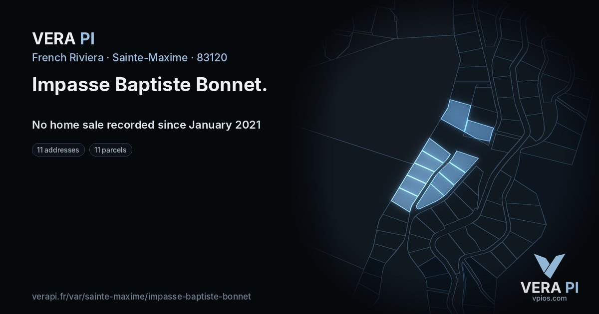 Impasse Baptiste Bonnet, Sainte-Maxime at night – every parcel coloured by the prices around it, the street's own parcels lit