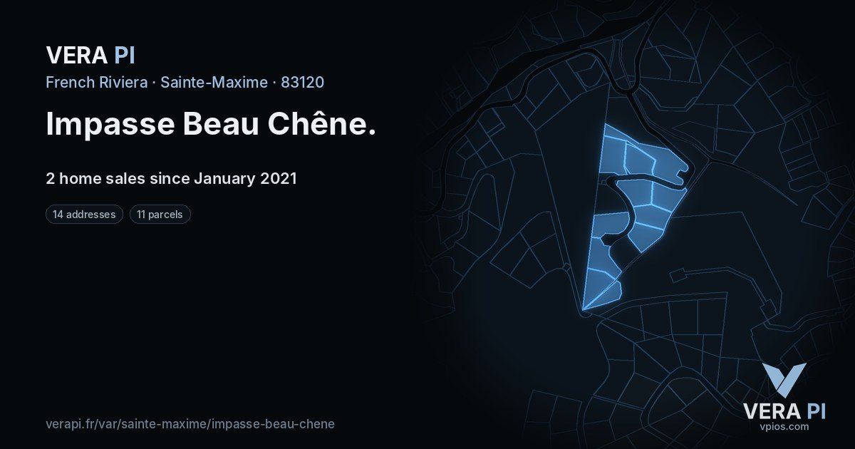 Impasse Beau Chêne, Sainte-Maxime at night – every parcel coloured by the prices around it, the street's own parcels lit