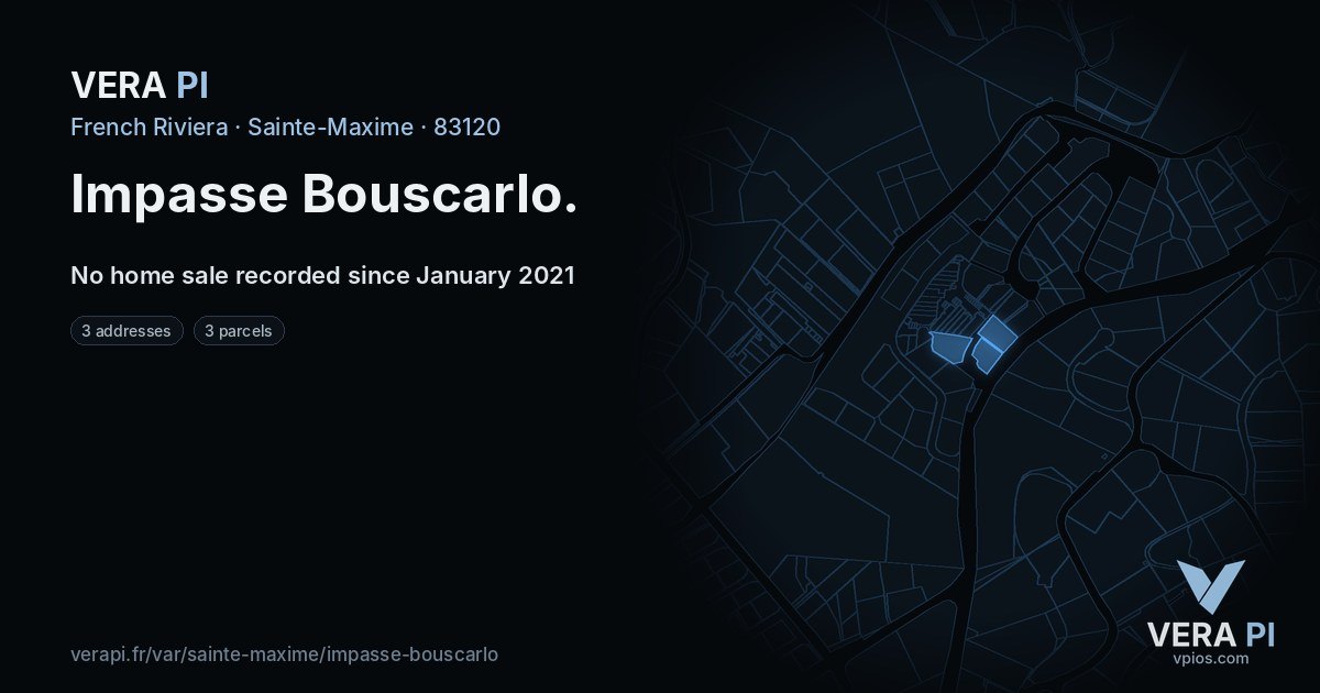Impasse Bouscarlo, Sainte-Maxime at night – every parcel coloured by the prices around it, the street's own parcels lit