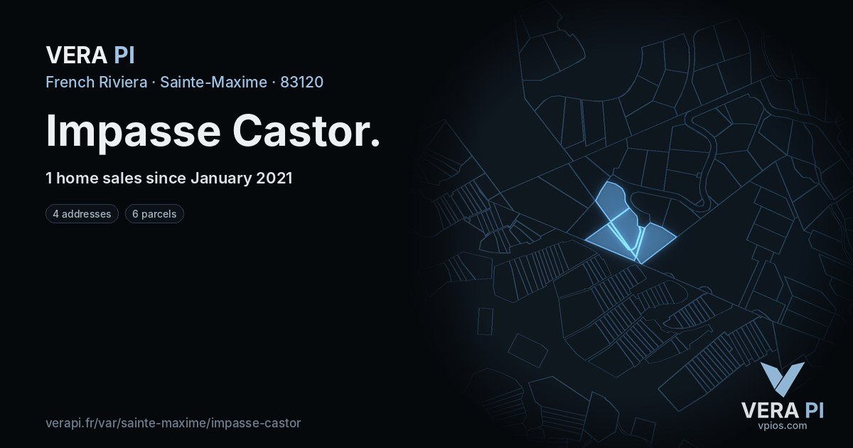 Impasse Castor, Sainte-Maxime at night – every parcel coloured by the prices around it, the street's own parcels lit