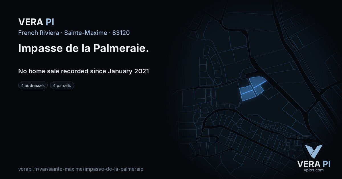 Impasse de la Palmeraie, Sainte-Maxime at night – every parcel coloured by the prices around it, the street's own parcels lit