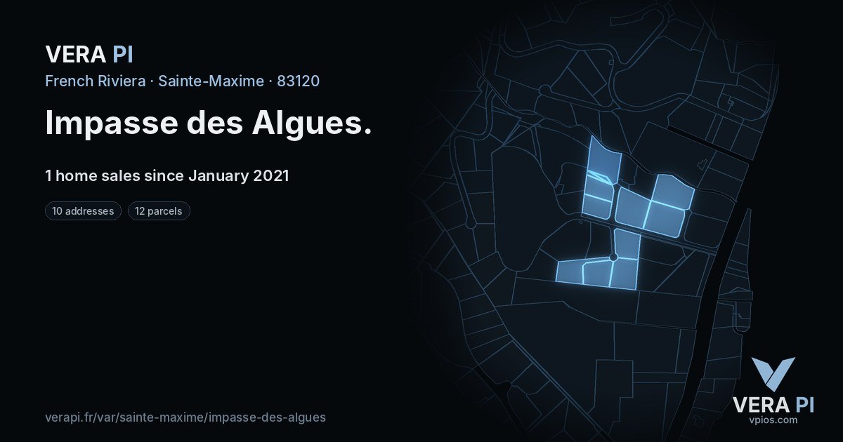 Impasse des Algues, Sainte-Maxime at night – every parcel coloured by the prices around it, the street's own parcels lit