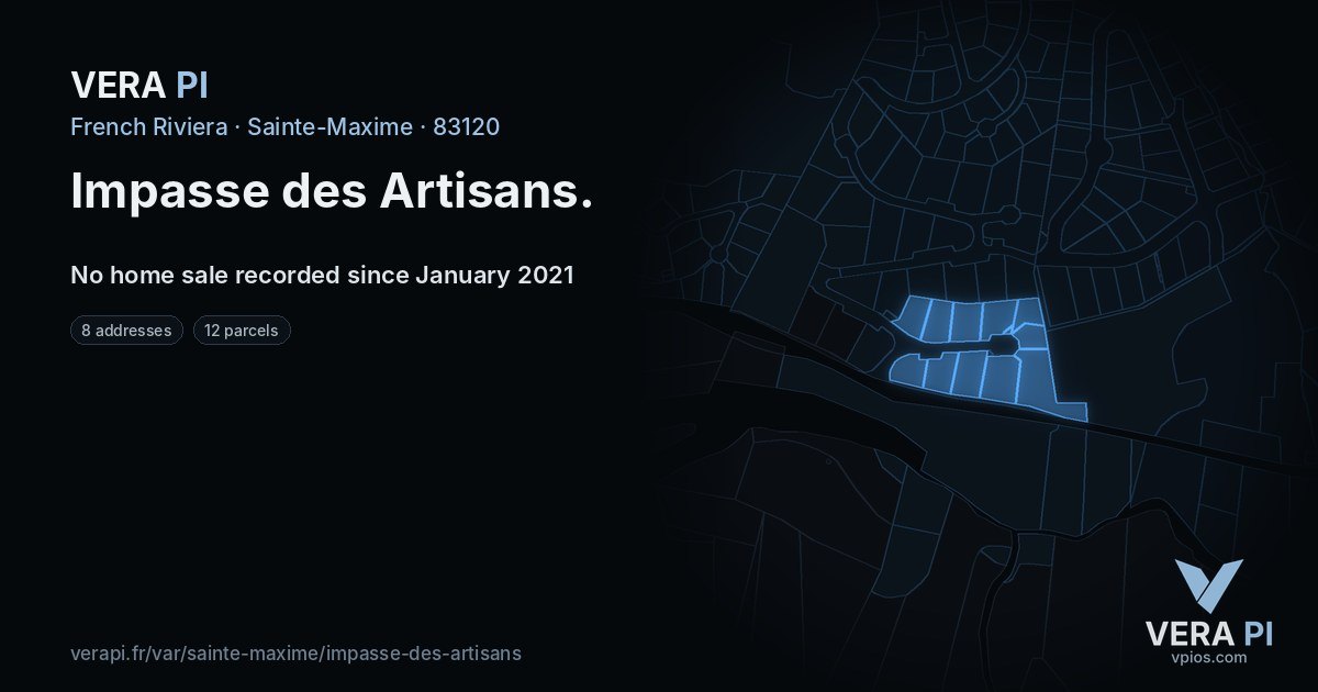 Impasse des Artisans, Sainte-Maxime at night – every parcel coloured by the prices around it, the street's own parcels lit