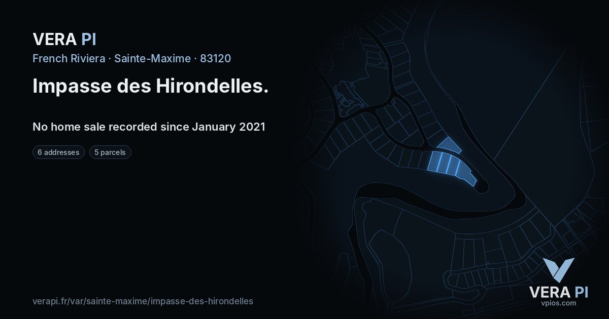 Impasse des Hirondelles, Sainte-Maxime at night – every parcel coloured by the prices around it, the street's own parcels lit