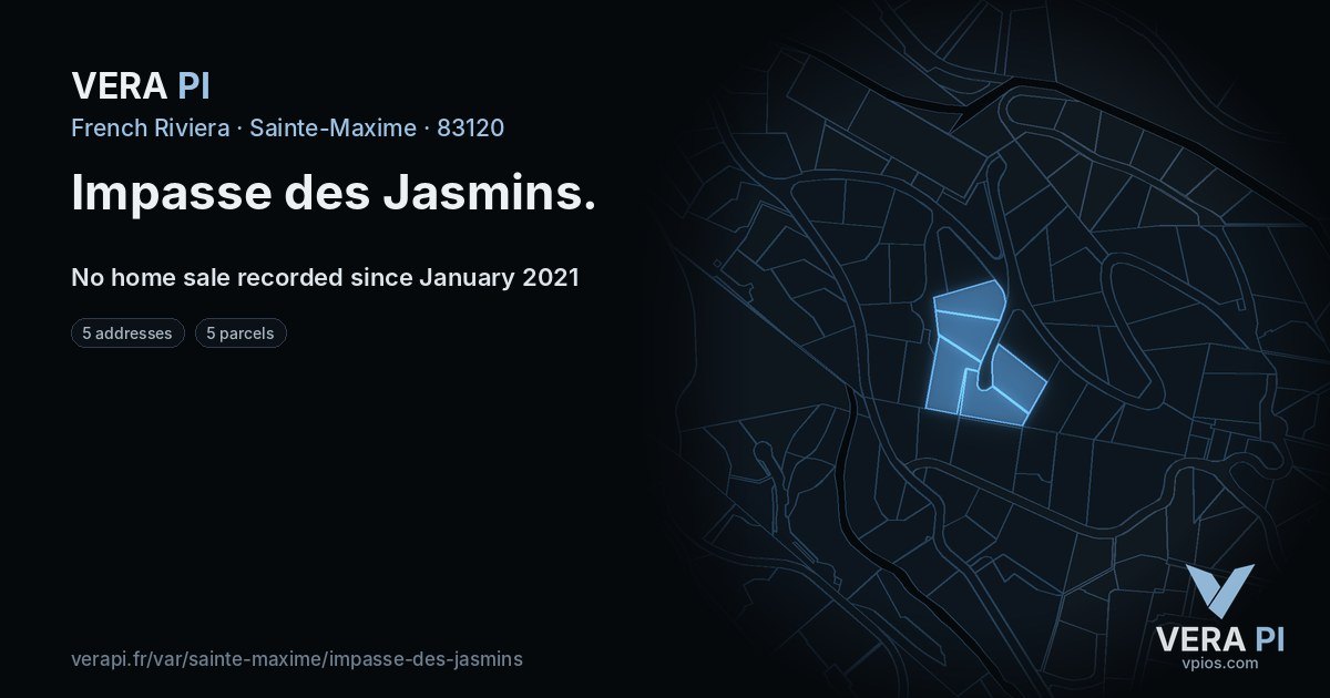 Impasse des Jasmins, Sainte-Maxime at night – every parcel coloured by the prices around it, the street's own parcels lit