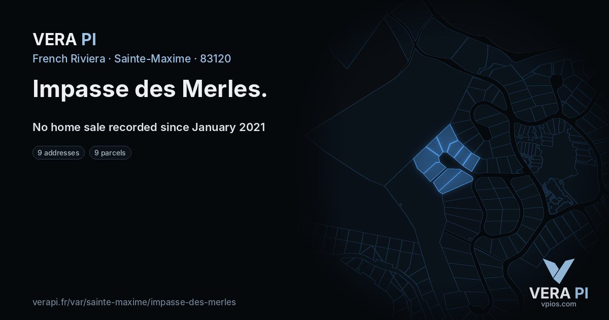 Impasse des Merles, Sainte-Maxime at night – every parcel coloured by the prices around it, the street's own parcels lit