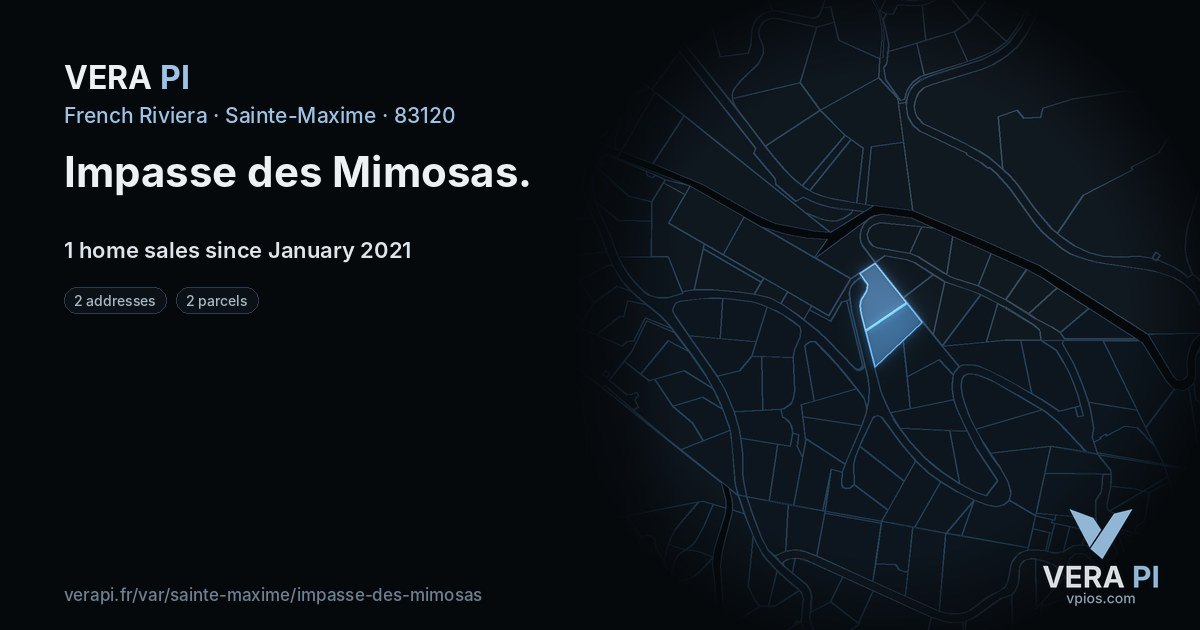 Impasse des Mimosas, Sainte-Maxime at night – every parcel coloured by the prices around it, the street's own parcels lit