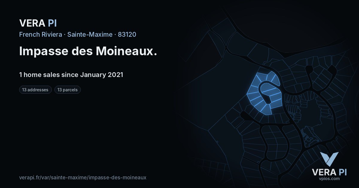 Impasse des Moineaux, Sainte-Maxime at night – every parcel coloured by the prices around it, the street's own parcels lit