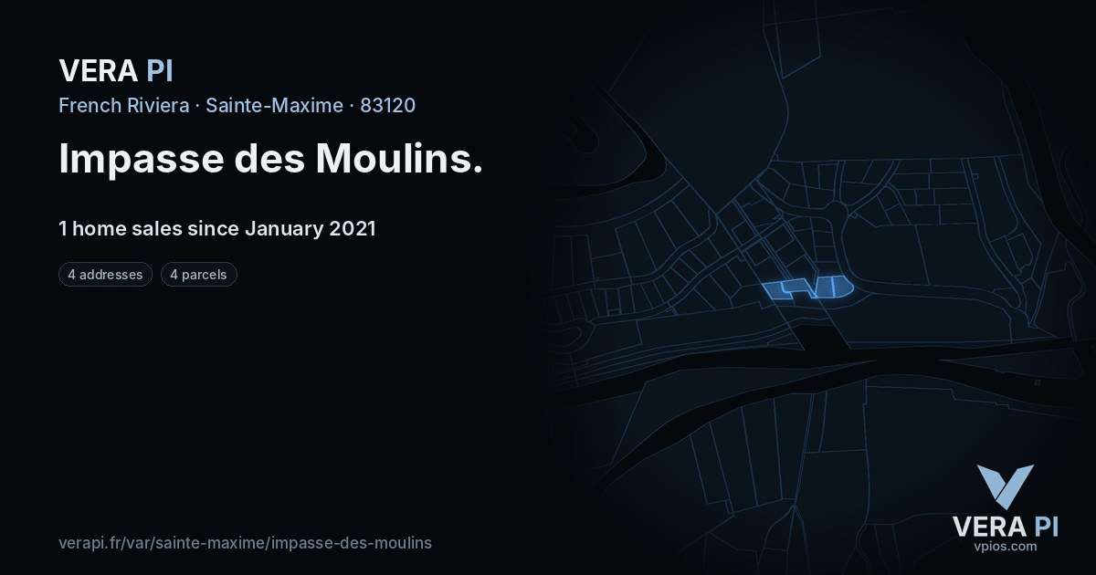 Impasse des Moulins, Sainte-Maxime at night – every parcel coloured by the prices around it, the street's own parcels lit