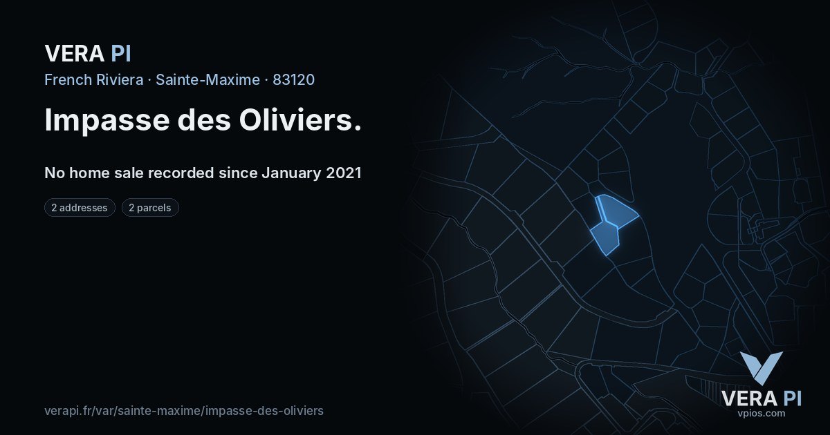 Impasse des Oliviers, Sainte-Maxime at night – every parcel coloured by the prices around it, the street's own parcels lit