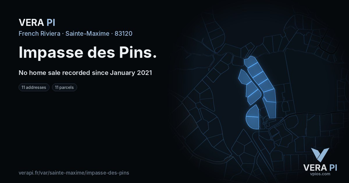 Impasse des Pins, Sainte-Maxime at night – every parcel coloured by the prices around it, the street's own parcels lit