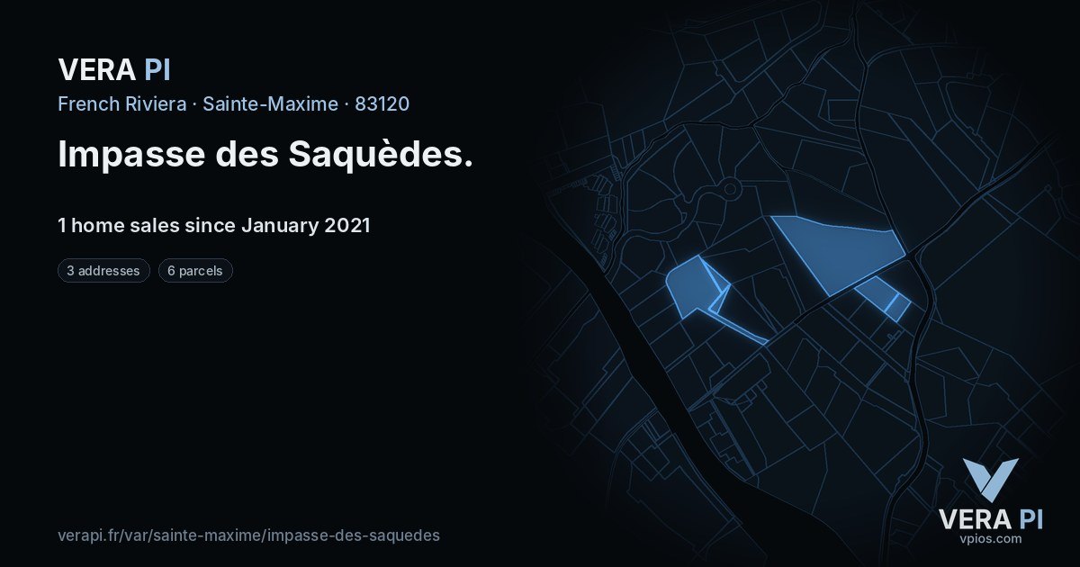 Impasse des Saquèdes, Sainte-Maxime at night – every parcel coloured by the prices around it, the street's own parcels lit