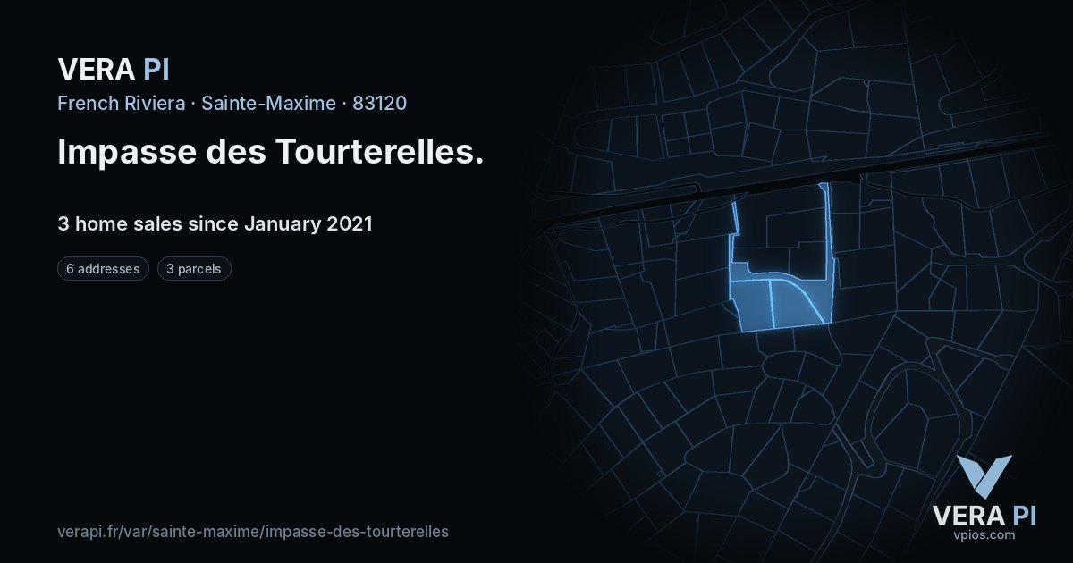 Impasse des Tourterelles, Sainte-Maxime at night – every parcel coloured by the prices around it, the street's own parcels lit