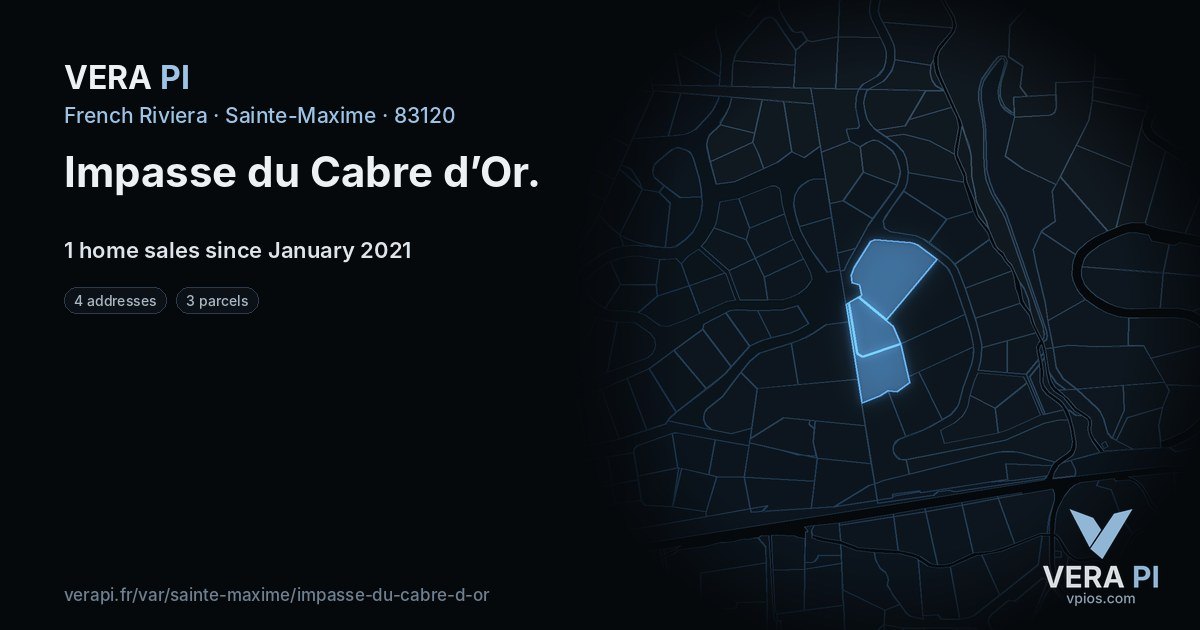 Impasse du Cabre d’Or, Sainte-Maxime at night – every parcel coloured by the prices around it, the street's own parcels lit