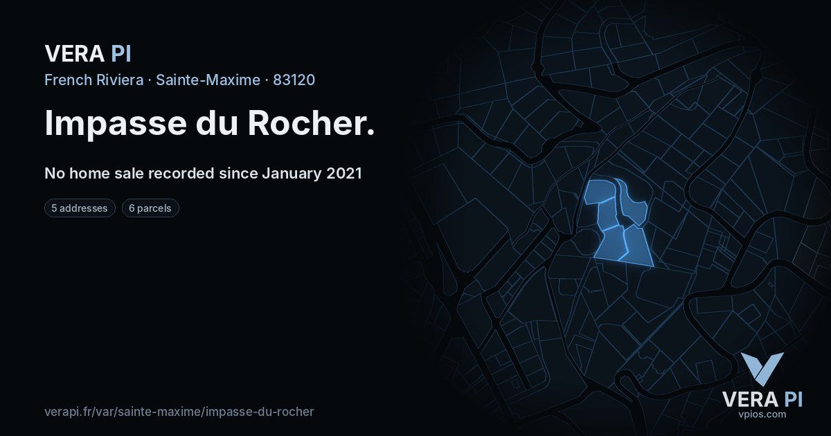 Impasse du Rocher, Sainte-Maxime at night – every parcel coloured by the prices around it, the street's own parcels lit