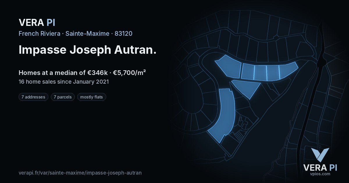Impasse Joseph Autran, Sainte-Maxime at night – every parcel coloured by the prices around it, the street's own parcels lit