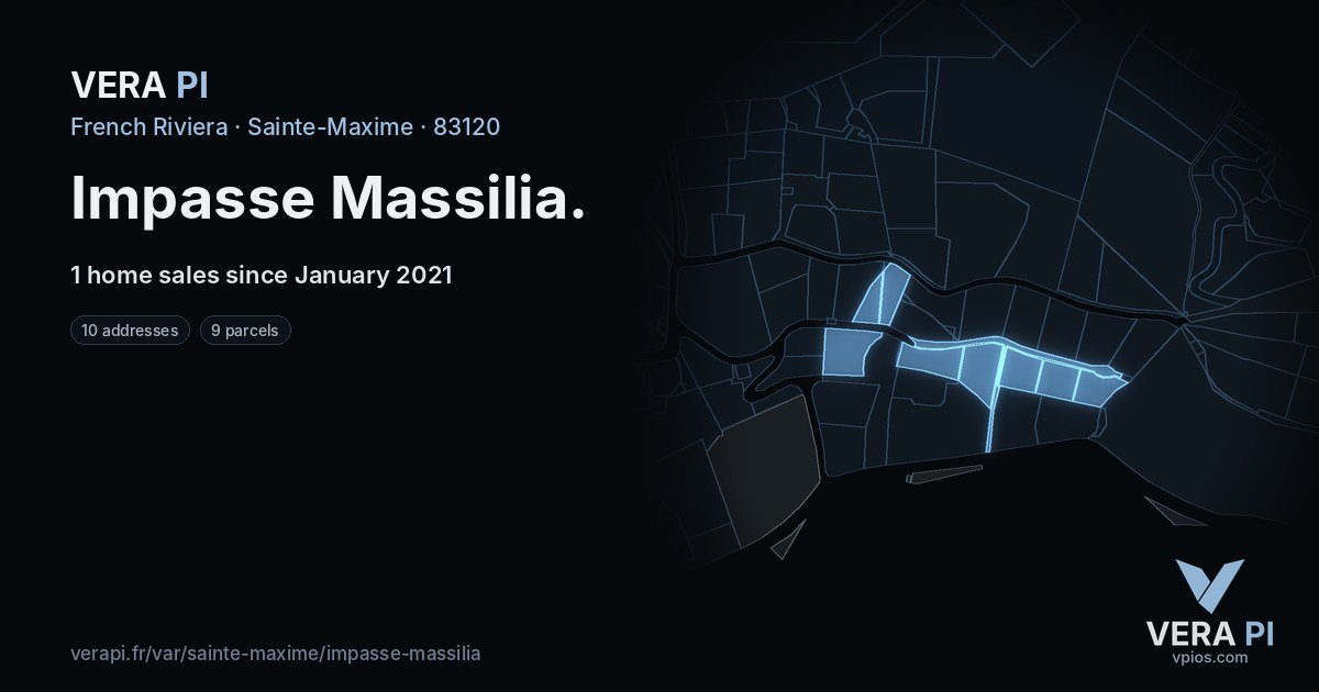 Impasse Massilia, Sainte-Maxime at night – every parcel coloured by the prices around it, the street's own parcels lit