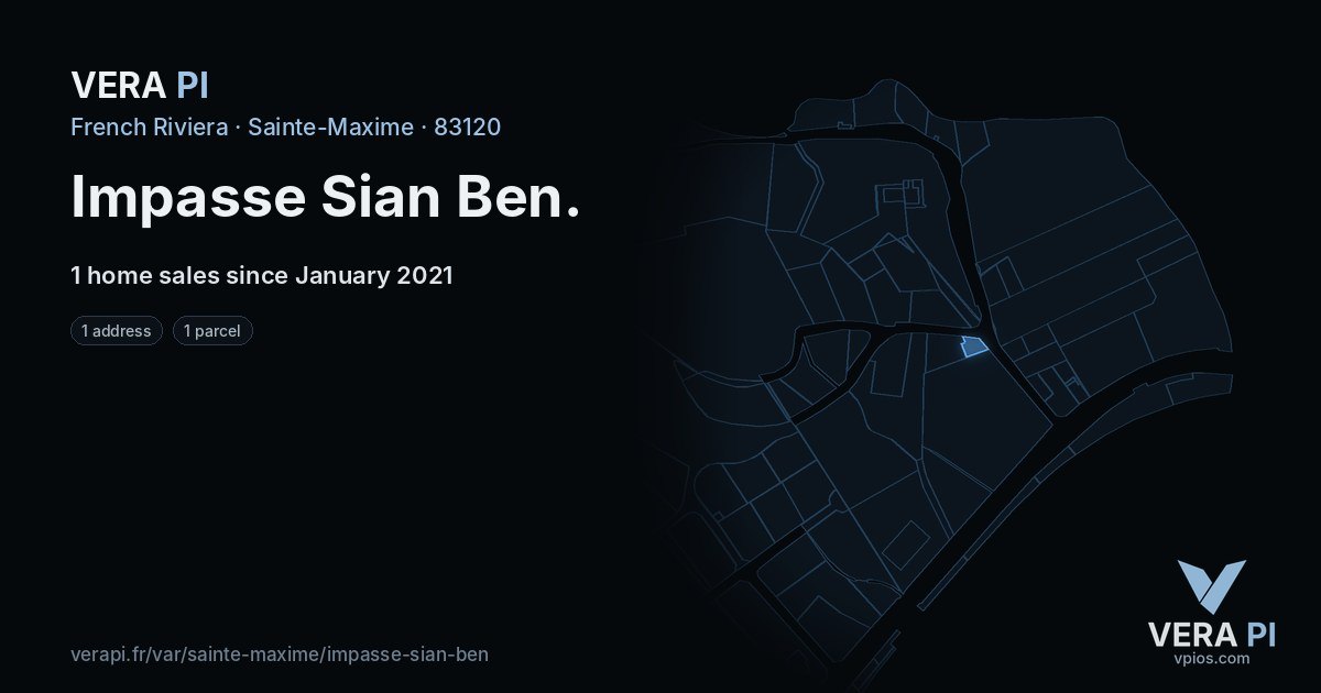 Impasse Sian Ben, Sainte-Maxime at night – every parcel coloured by the prices around it, the street's own parcels lit